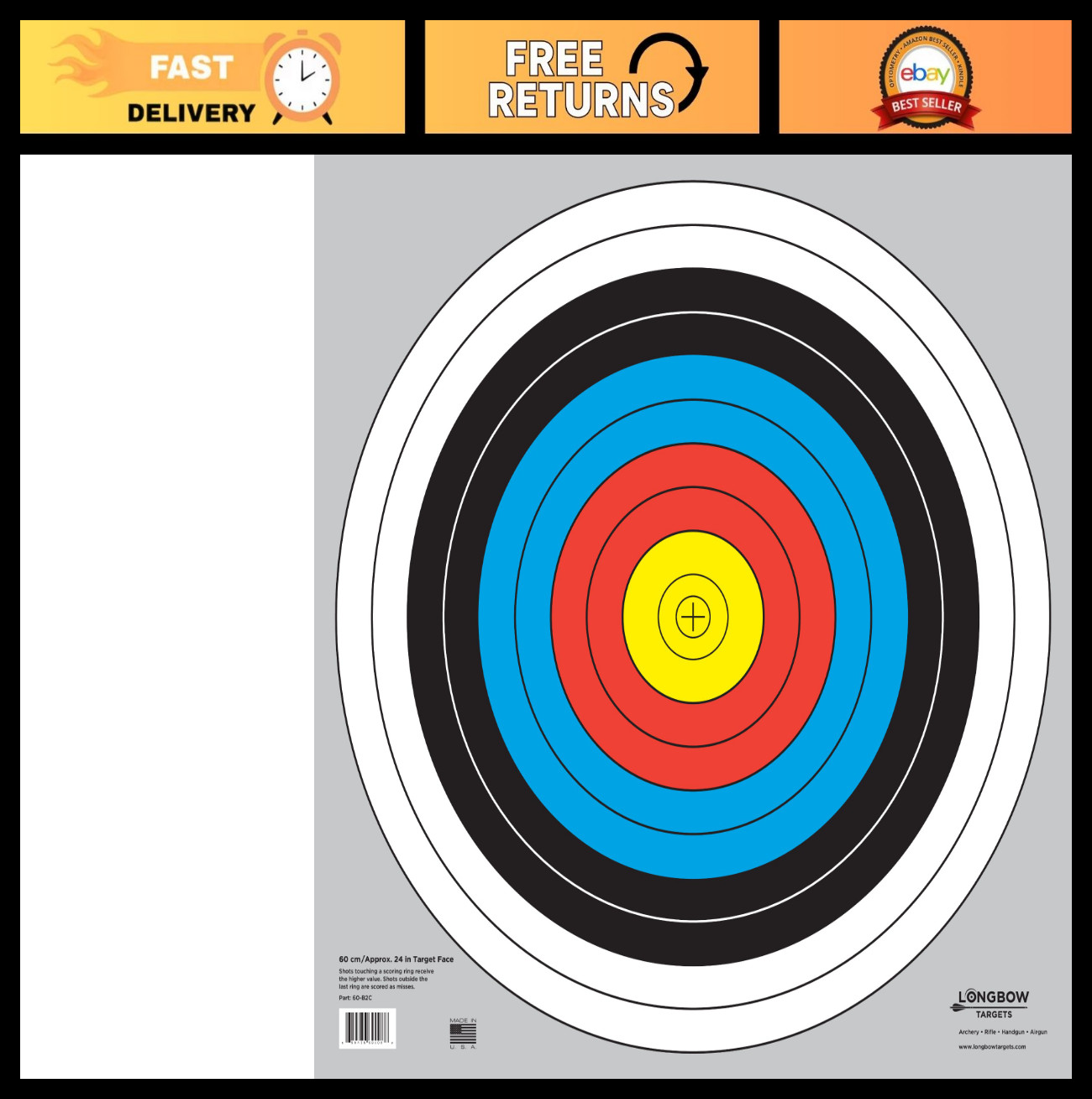 Bullseye Archery Targets 60cm 24in - Longbow & Gun Shooting Targets (4-100 Packs