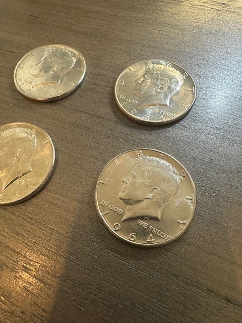 4 Kennedy Half Dollars 90% Silver Lot Of 4 1964 brilliant gorgeous bright