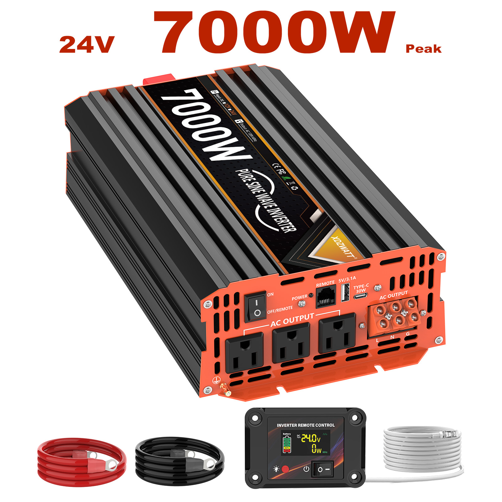 3000W/7000W pure Sine Wave Inverter |24V DC to 110V AC + Dual USB | RV/Camp