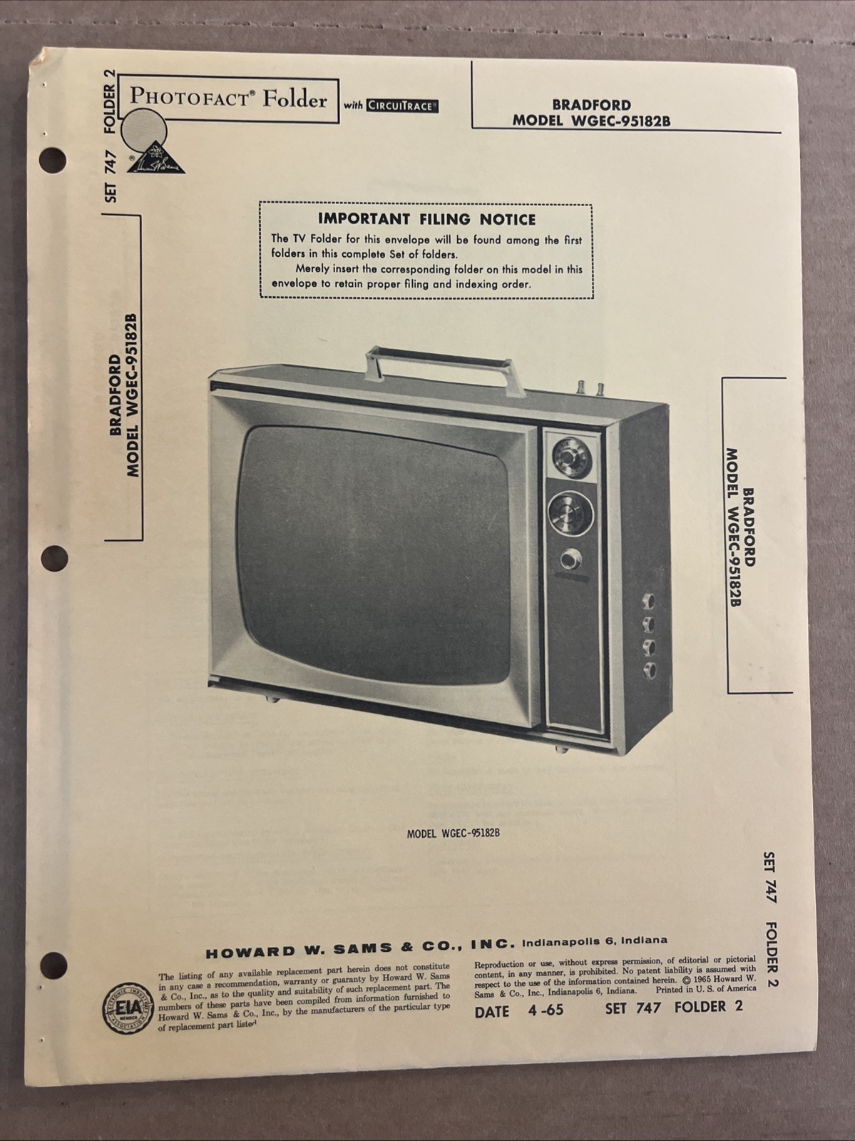 Vintage Sams Photofact Schematic 4-1965 BRADFORD MODEL WGEC-95182B