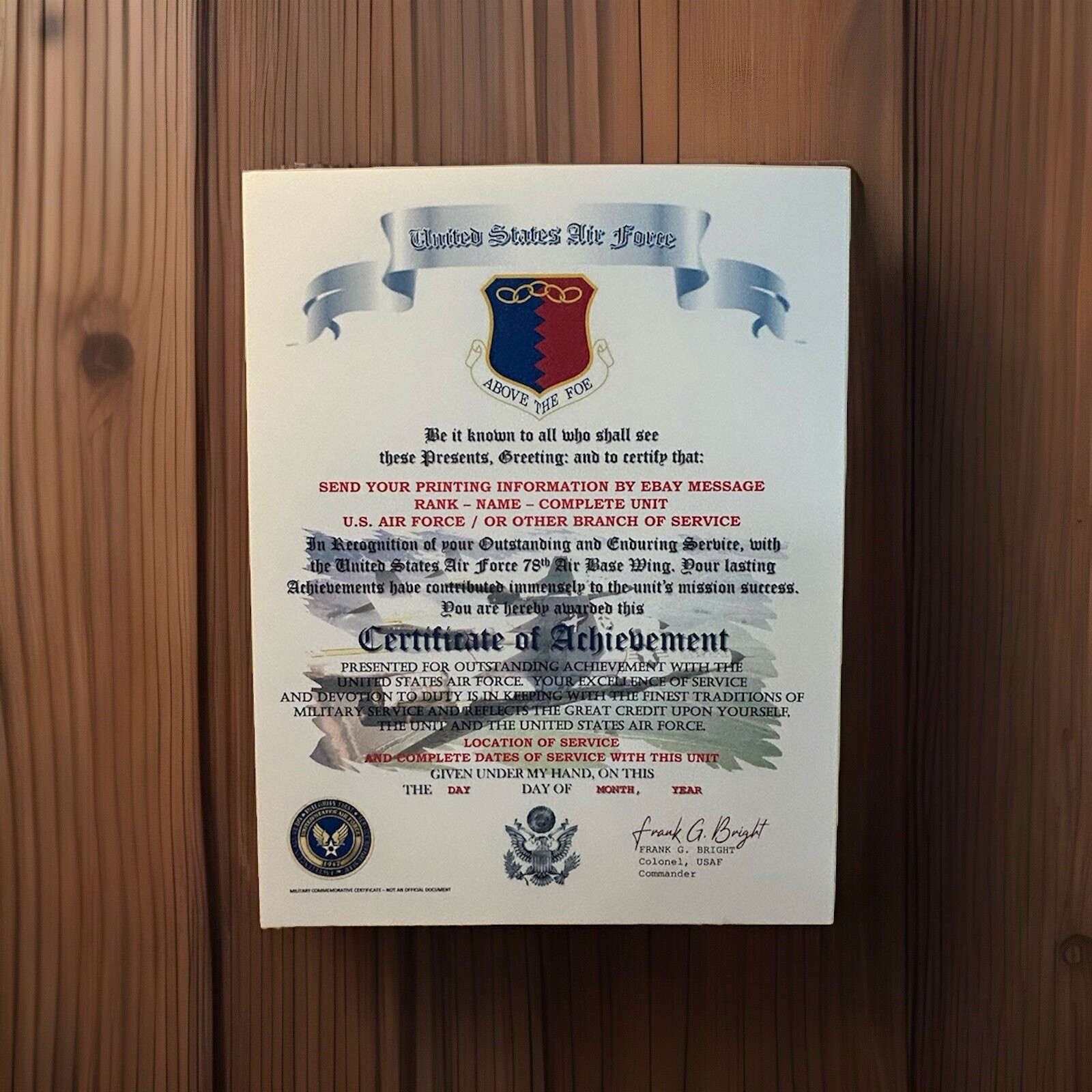 U.S.A.F. / AIR FORCE 78TH AIR BASE WING - CERTIFICATE OF ACHIEVEMENT