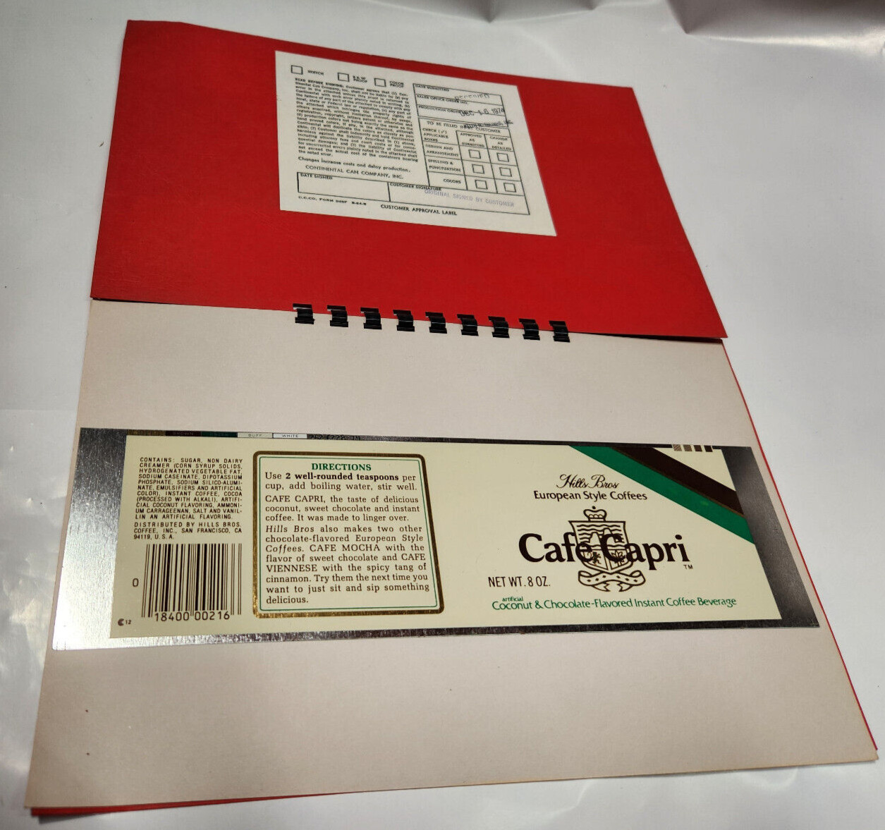rare CONTINENTAL CAN flat HILLS BROS COFFEE CAFE CAPRI APPROVAL Museum 1974 8w5