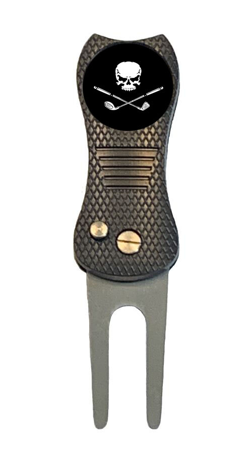 Golf Pirate Ball Marker +Switchblade Divot Tool Skull Crossed Clubs Black