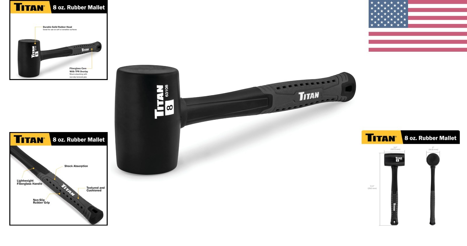 Professional 8oz Rubber Mallet for Construction - Non-Marking & Shock Absorbing