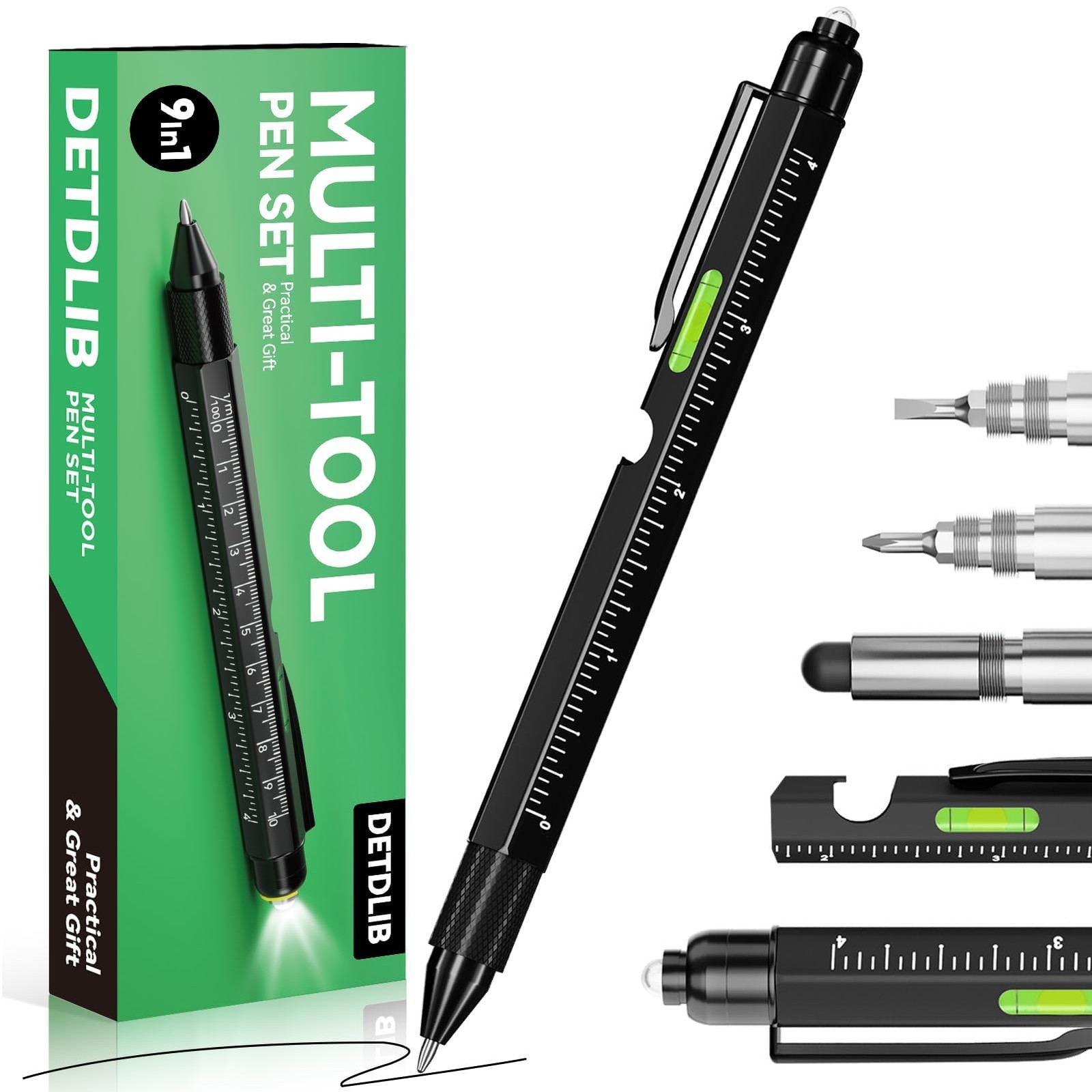 9-in-1 Multitool Pen with LED Light, Stylus, Level, Ruler, Bottle Black