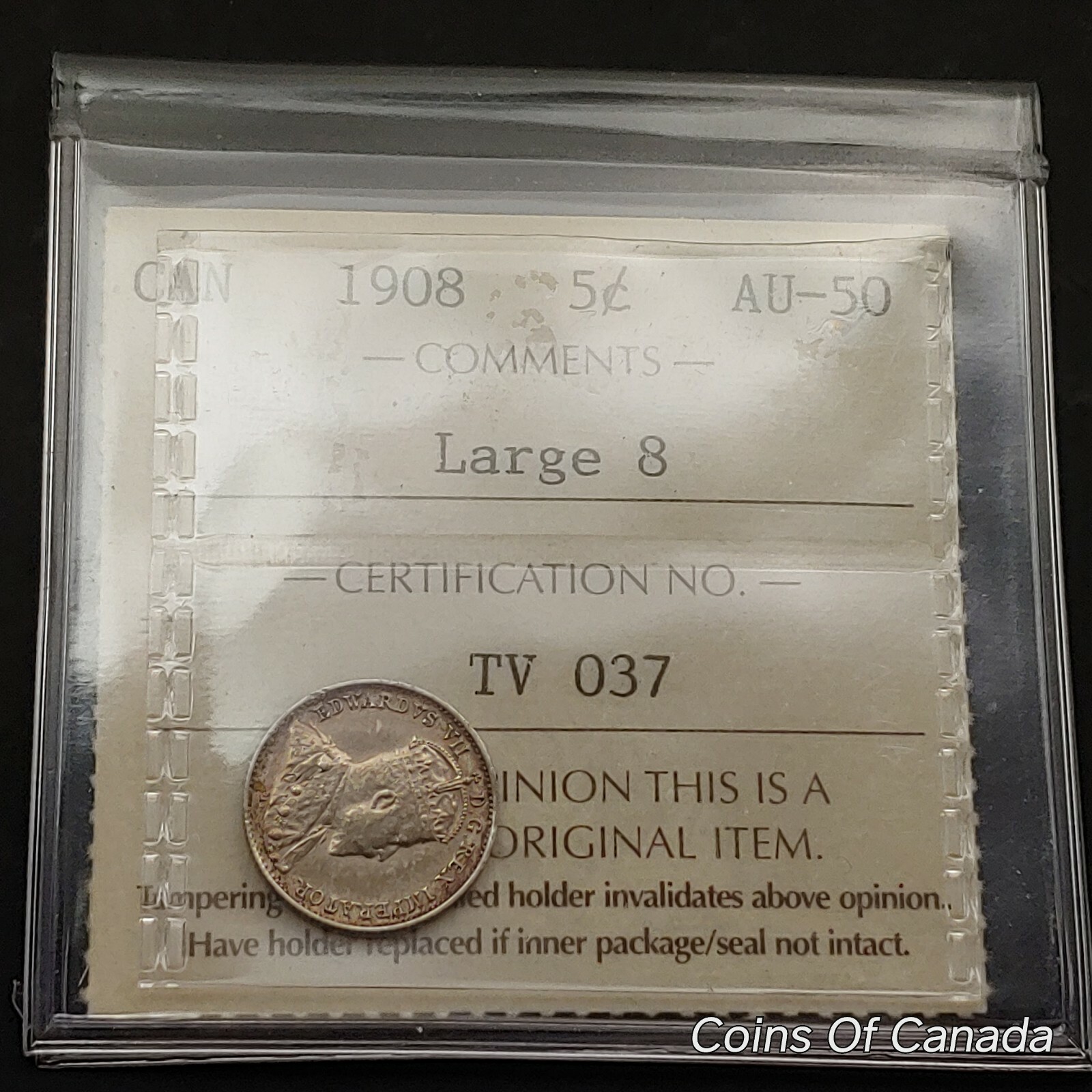 1908 Canada 5 Cent Coin - Old Graded ICCS AU-50 Large 8 Variety #coinsofcanada