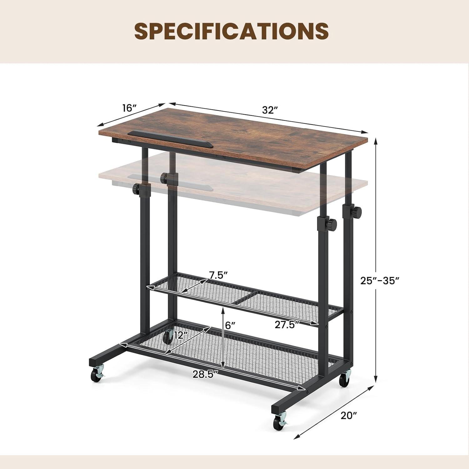 Mobile Standing Desk, Adjustable Rolling Computer Desk W/Tilting Desktop & Stora