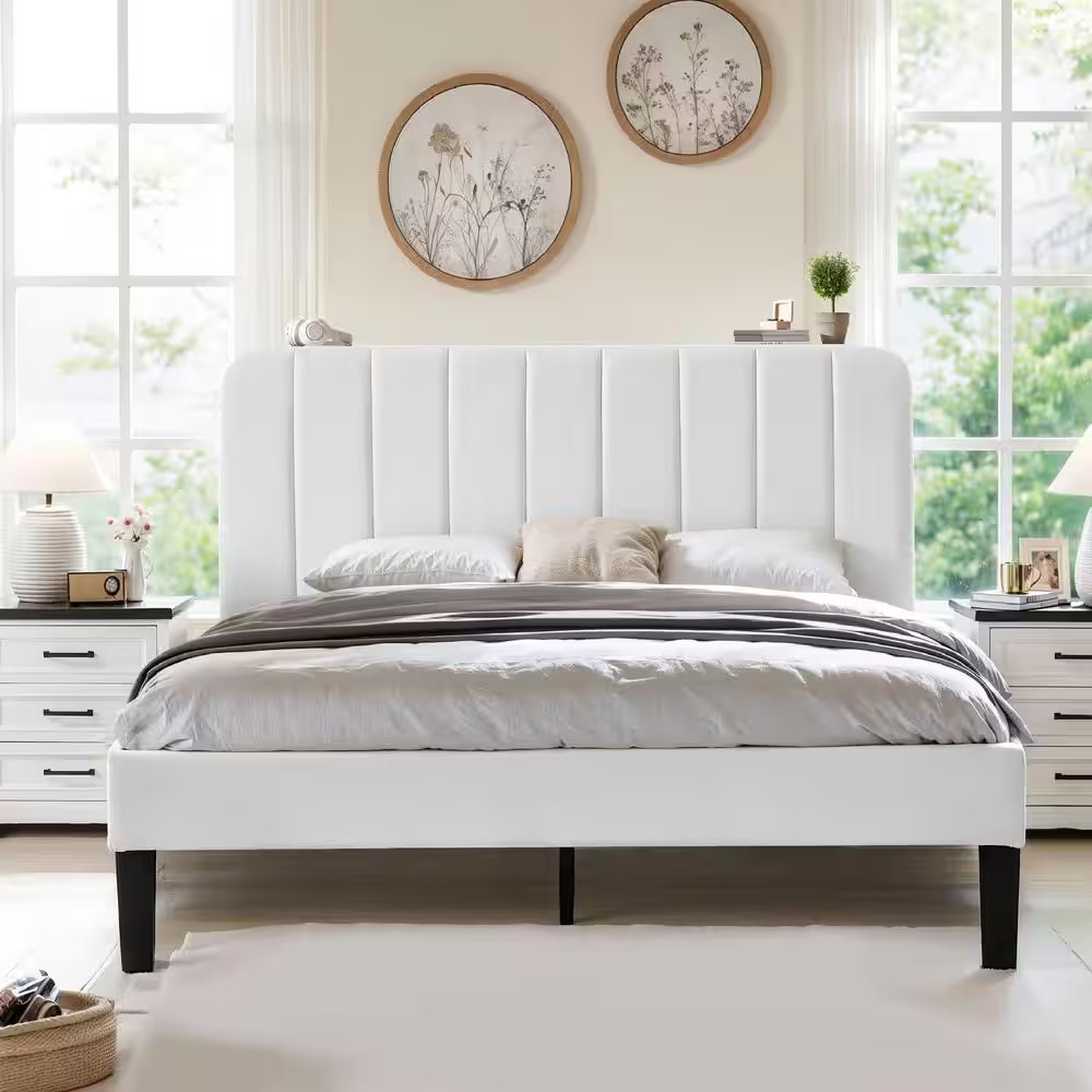 Upholstered Bed, White Queen Bed Platform Bed Frame with Adjustable Headboard, S