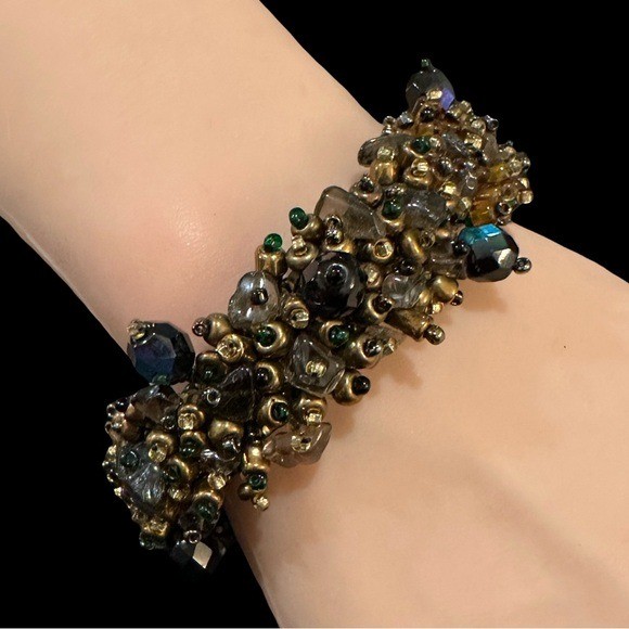Handcrafted Beaded Cluster Bracelet With Gold & Green Tones Adjustable Fit