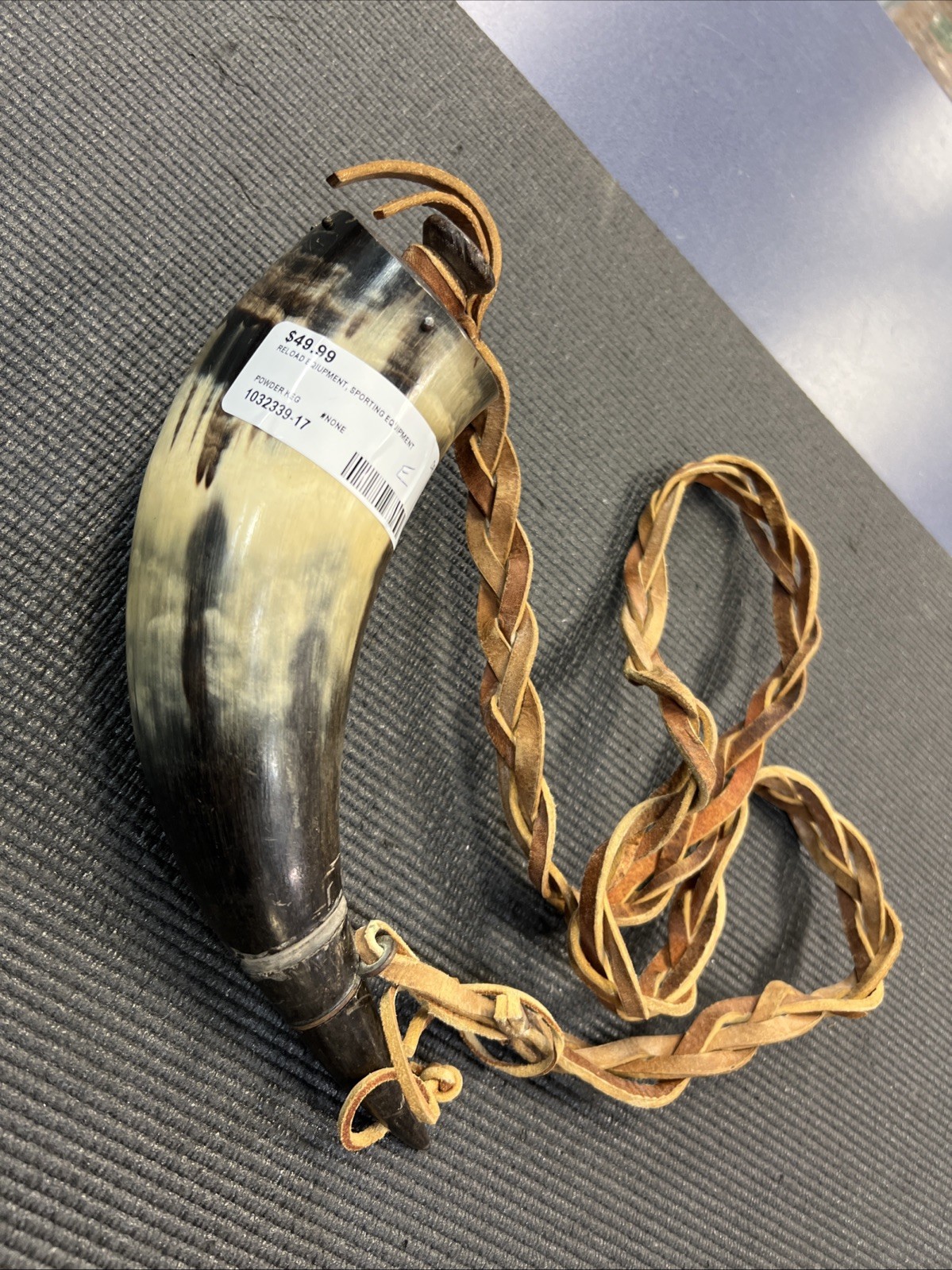 Antique Powder Horn Black Powder Flask with leather strap.