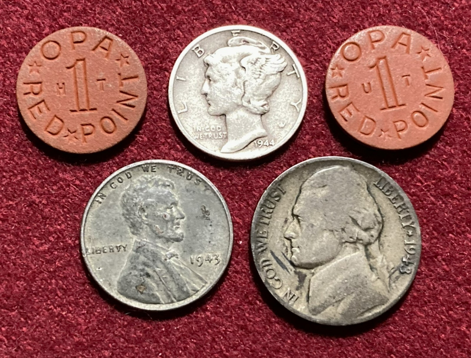 WW II Coin Set, Steel Cent, Silver Nickel, Silver Dime & 2 Ration Tokens