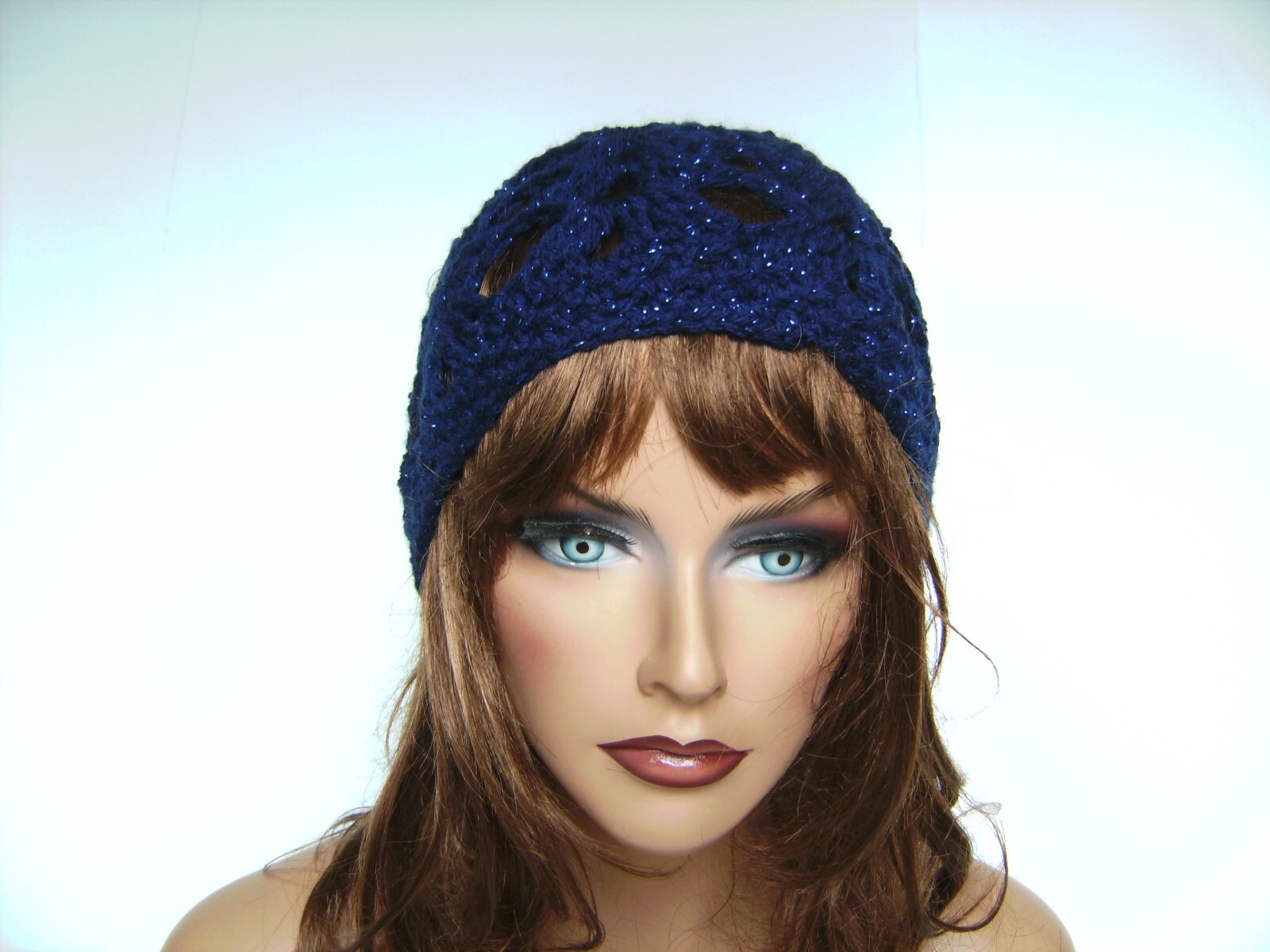 NEW NAVY SPARKLE OPEN WEAVE BEANIE HAT HAND MADE CROCHET BERET SKULL CAP