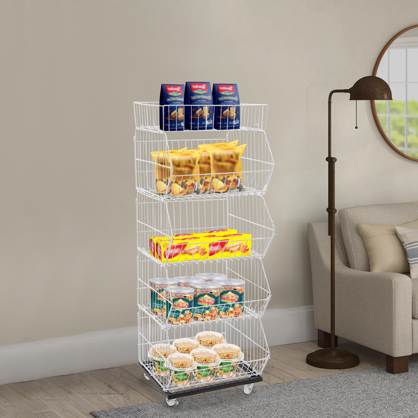 5-Tier Wire Grid Display Rack with Wheels for Fruits and Vegetables