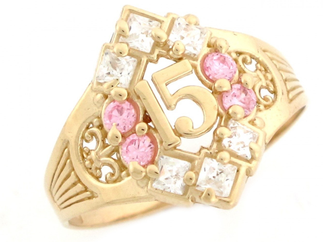 10k or 14k Yellow Gold Pink and White CZ Birthstone Quinceanera 15 Anos Ring