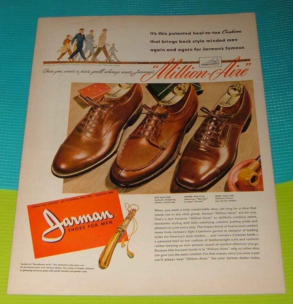 1947 PRINT AD ~ JARMAN MILLION AIRE SHOES FOR MEN Nashville,Tennesse