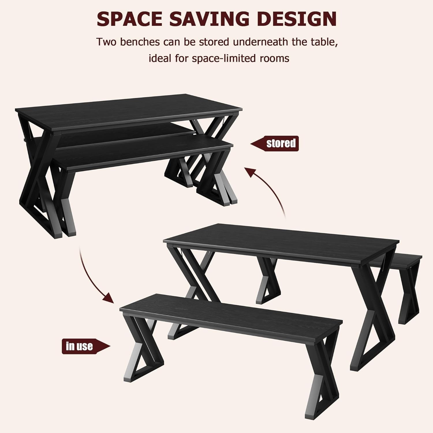 Kitchen Room Table Set with Benches 55.1" Dining Table Set for 4 People