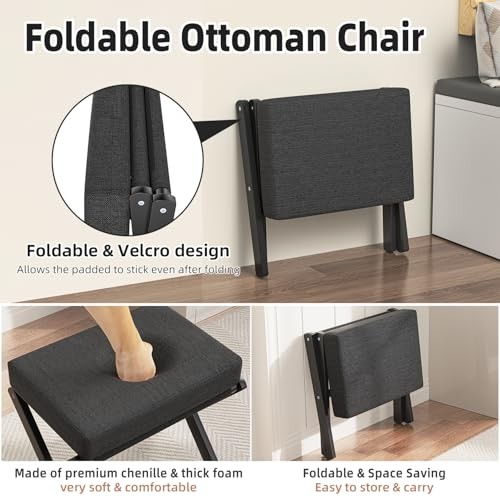 Foldable Foot Stool Ottoman, Modern Foot Rest with Bamboo X Legs Black - Black