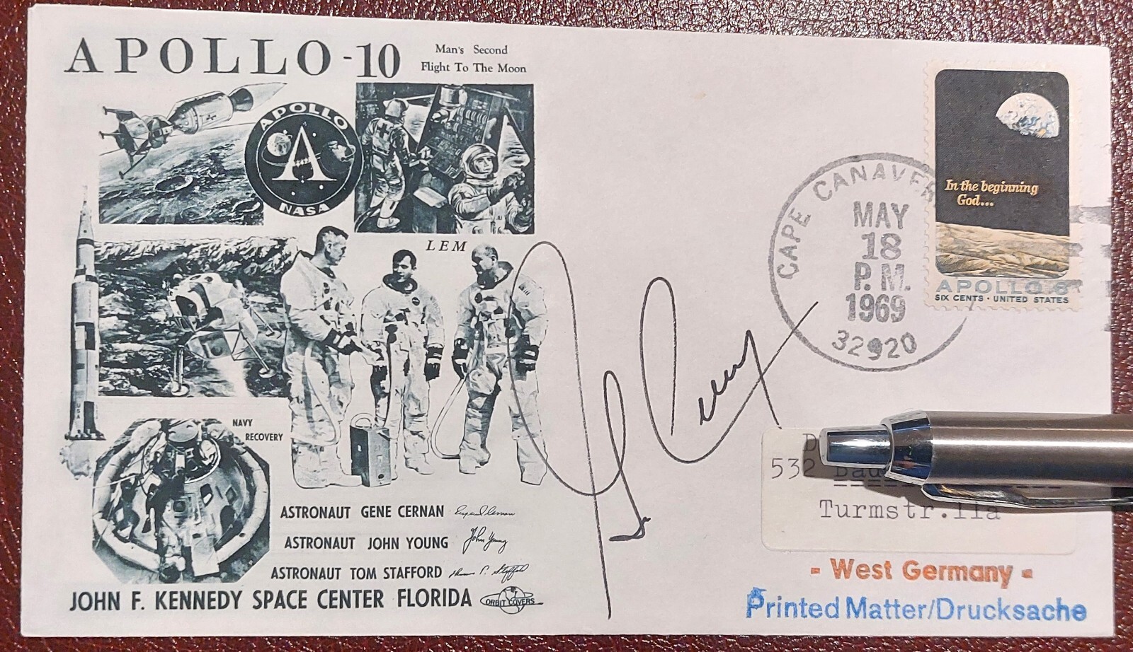 APOLLO 10 autographed signature by Eugene Cernan on envelope.