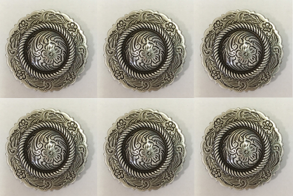 Set of 6 WESTERN HORSE SADDLE TACK ANTIQUE ENGRAVED ROPE EDGE CONCHOS 1 inch