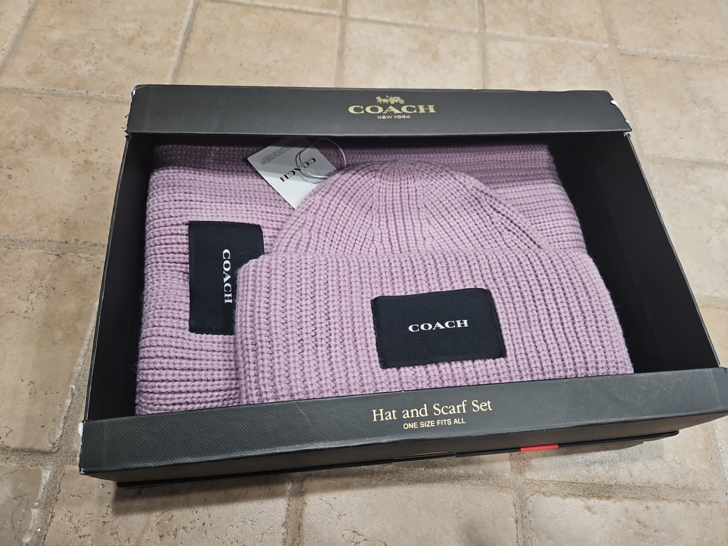 NWT Women's Coach Woven Patch Knit Beanie & Scarf Set Faded Pink