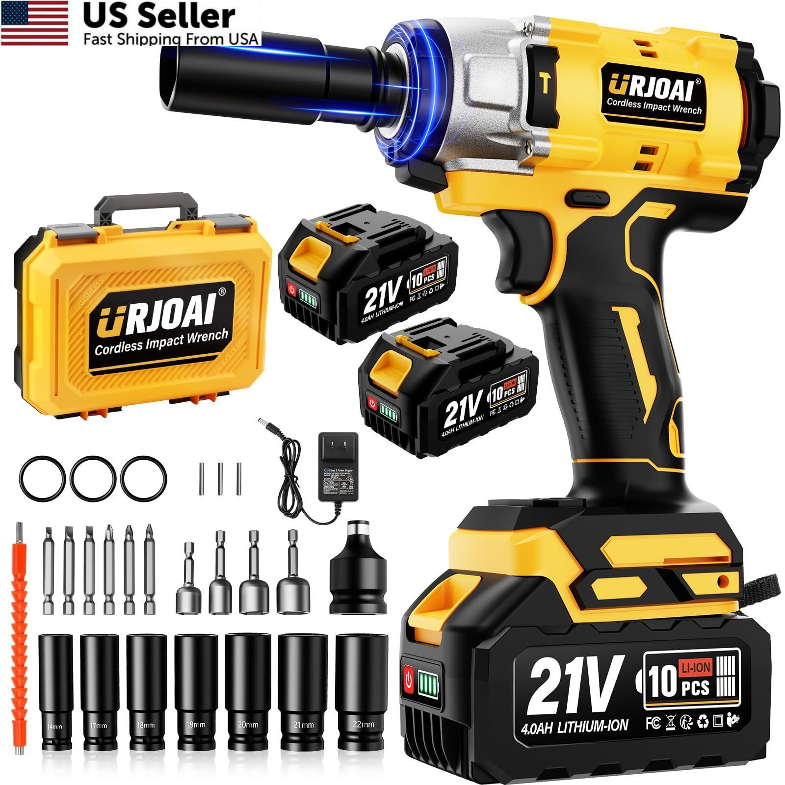 Urjoai Cordless Impact Wrench - 590Ft-lbs (800N.m) Brushless 1/2 Black-yellow