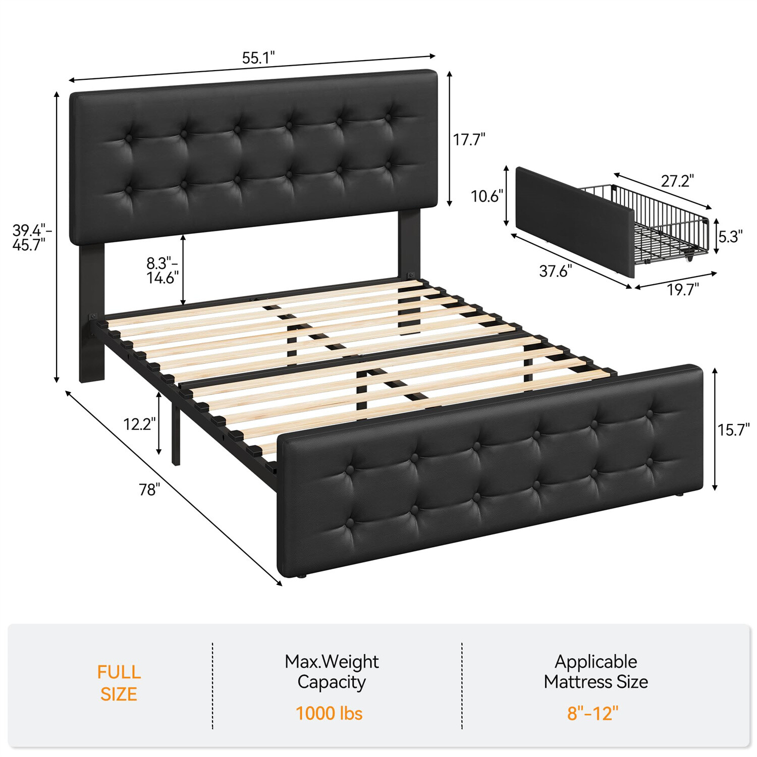 ⭐Full Size Bed Frame with 4 Storage Drawers and Headboard Upholstered Platform U
