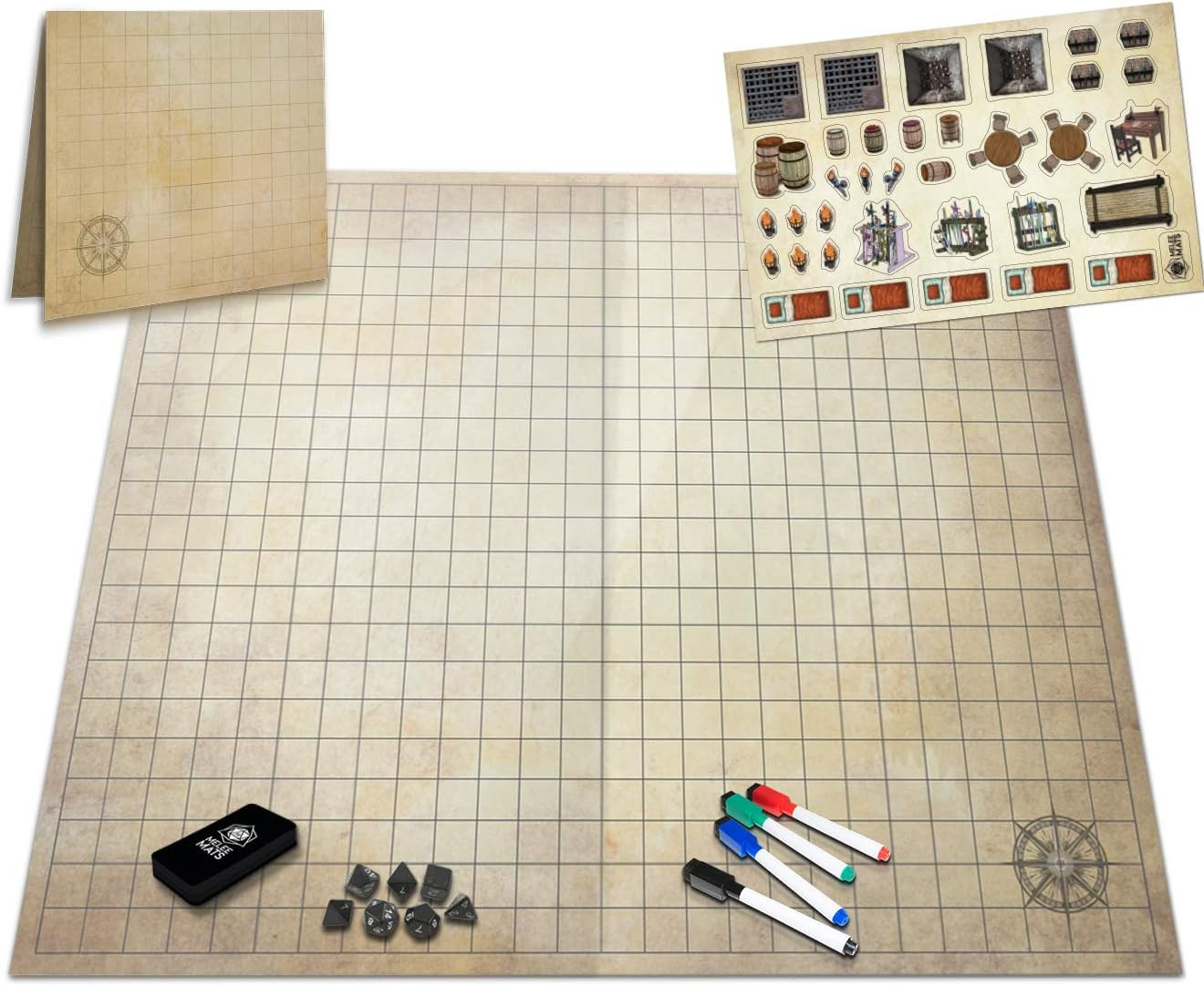Melee Mats DND Map Starter Set - 23” X 27" Double Sided, Wet & Dry Erase Battle