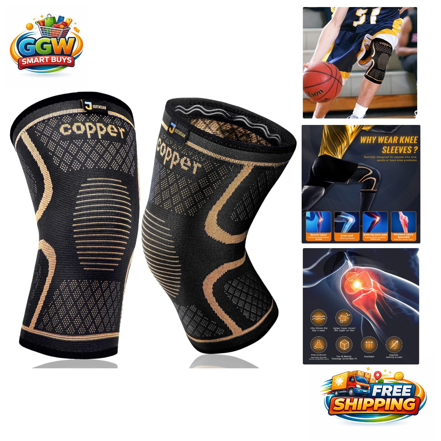 2 Pack Copper Knee Supports - Compression Sleeves for Active Lifestyles, Large