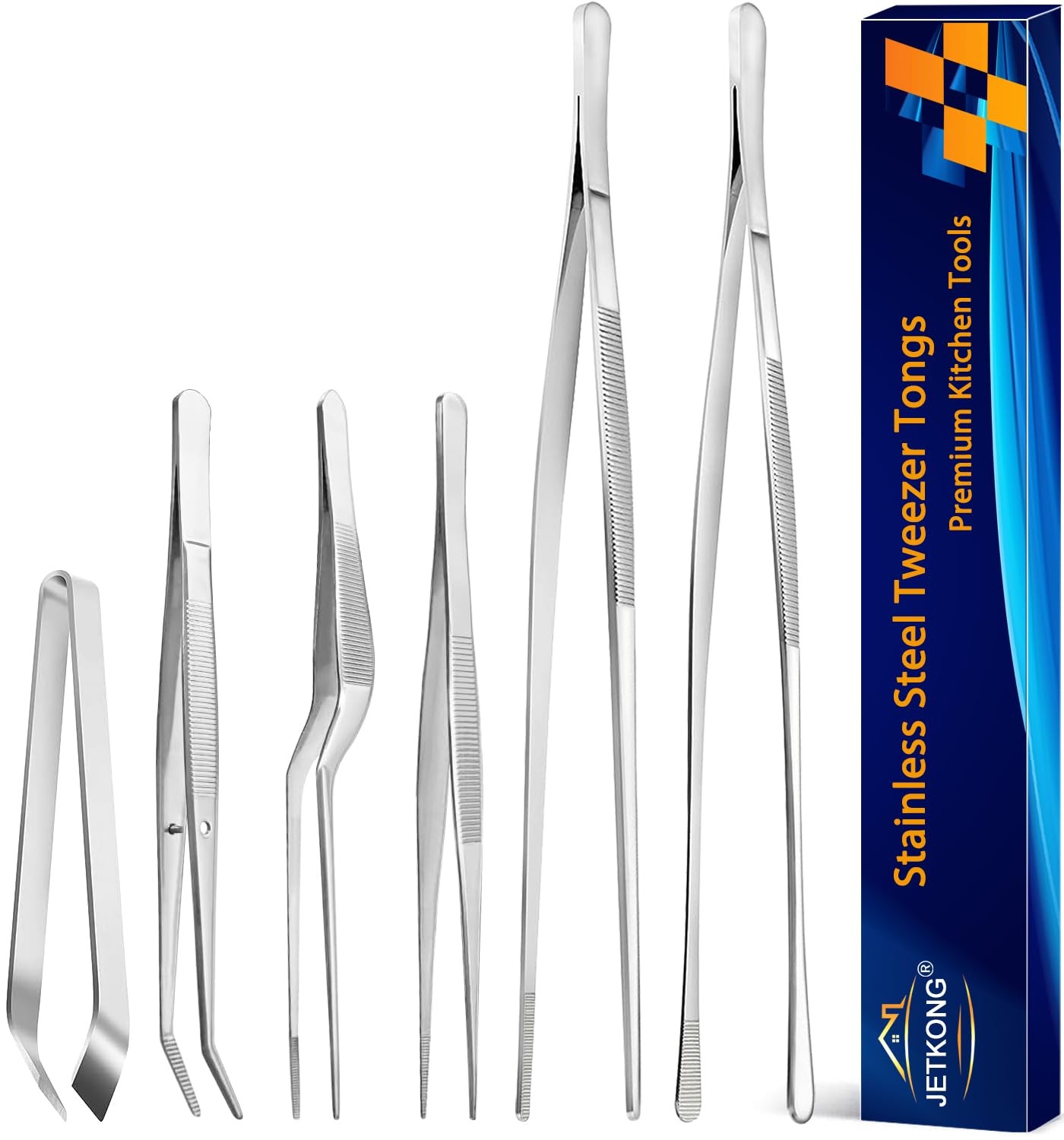 6 Pcs Cooking Tweezer Tongs, 12'' and 6.3" Stainless Steel Kitchen Tweezer Se...
