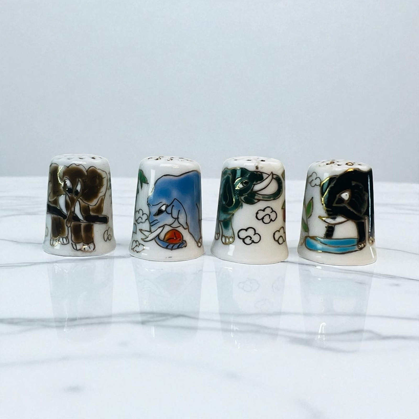 Set of 5 Elephant Thimbles Porcelain Asian Vintage Souvenir Collectible