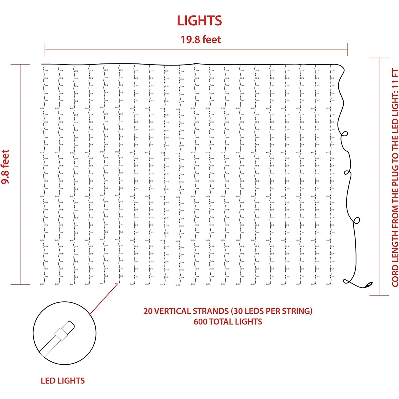Product Works 8 Function, String Light Curtain, 600 Warm White Micro Bulbs, 20'