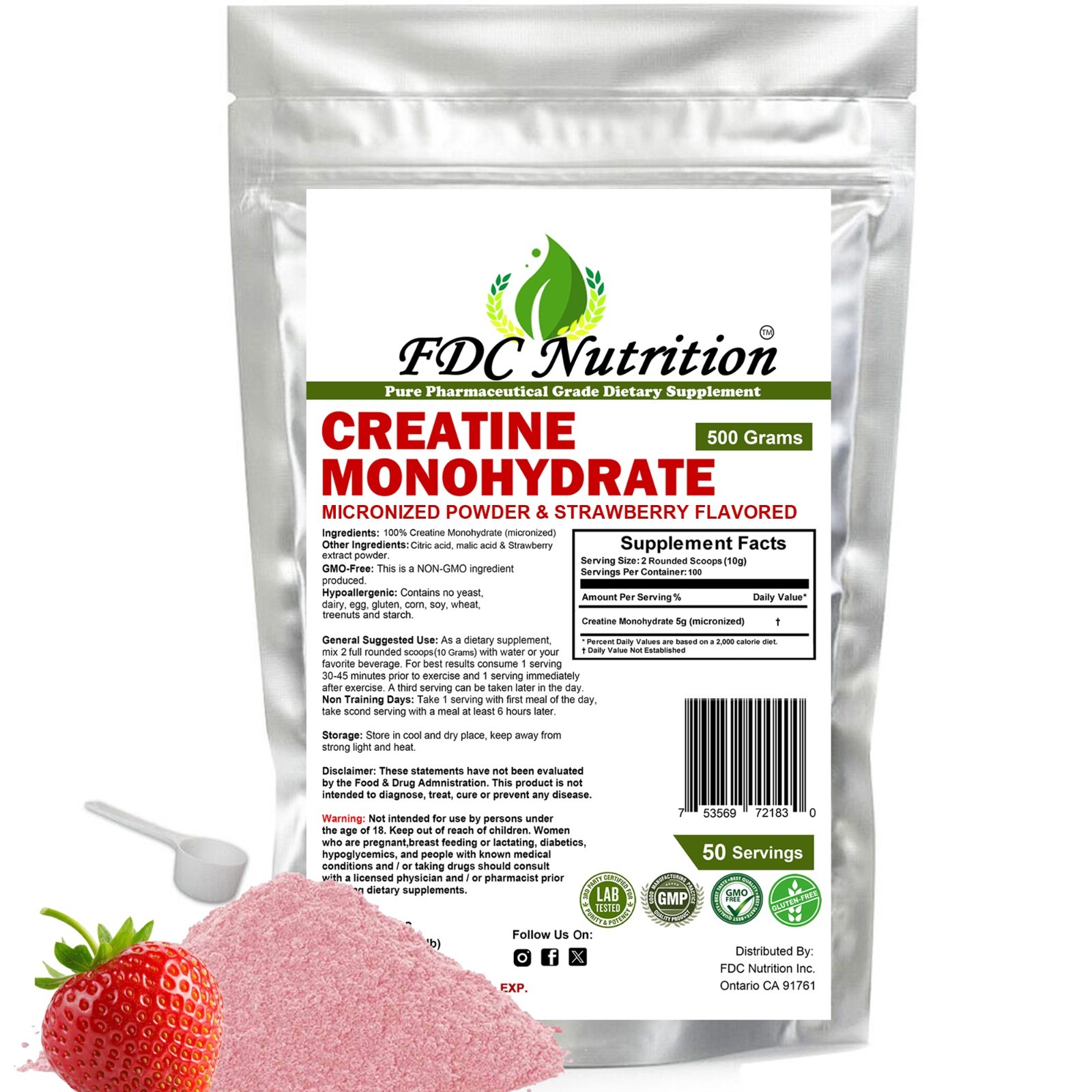 Creatine Monohydrate 500g (18OZ) , Micronized powder Strawberry Flavored
