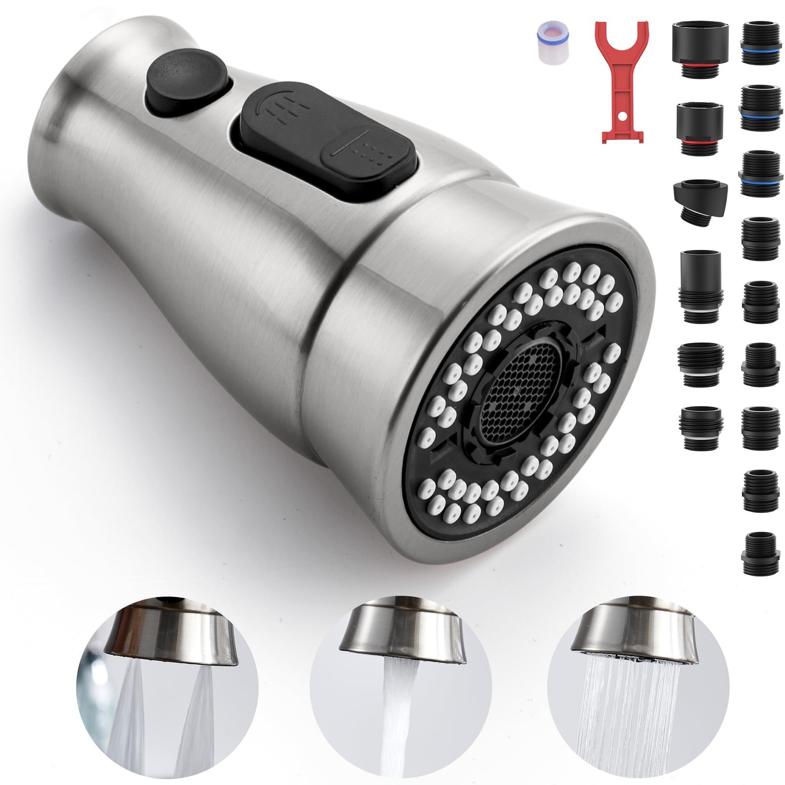 Pull Down Kitchen Sink Faucet Spray Head with 15 Adapters 3 Function Kitchen ...