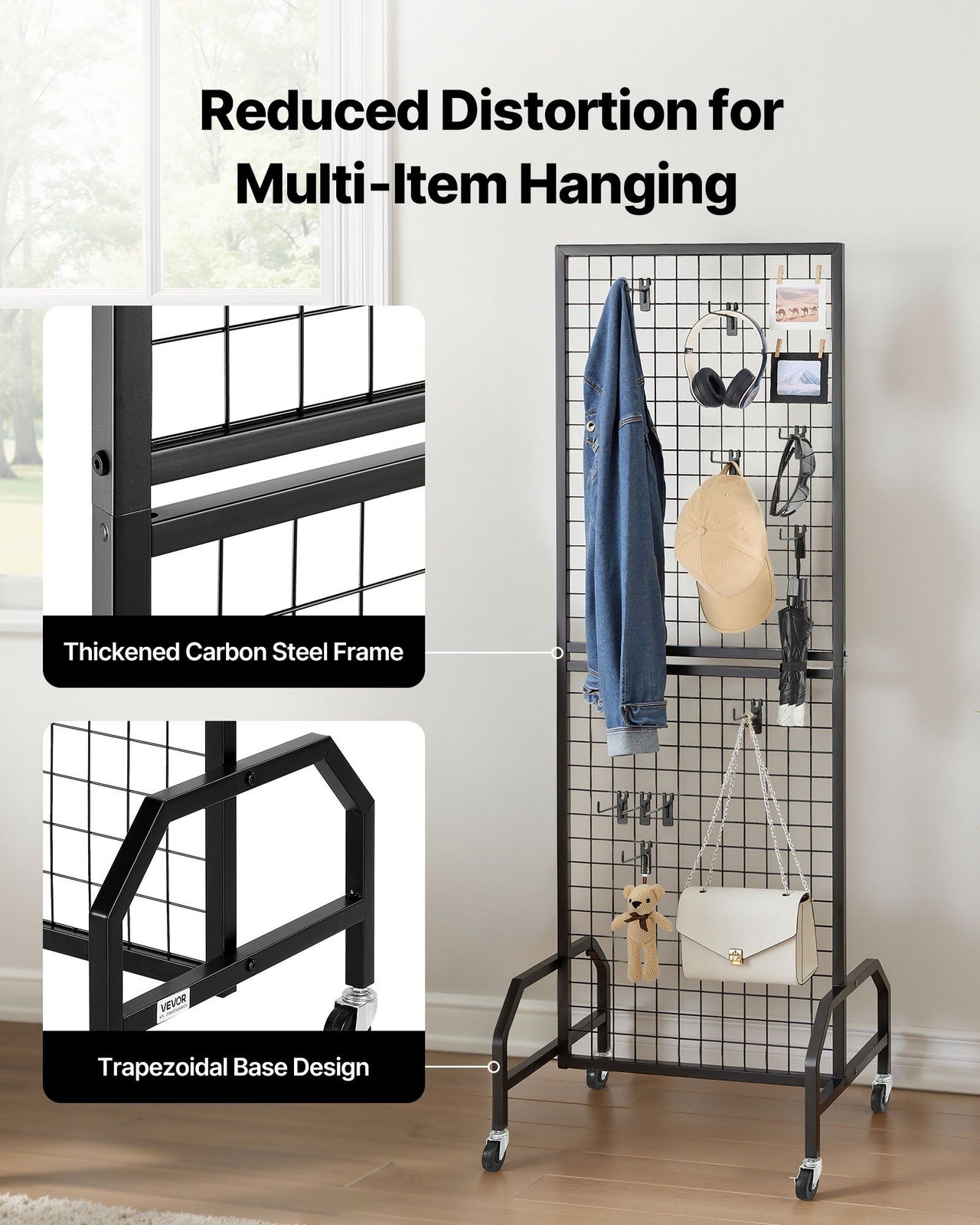 Grid Wall Panel 1.9x5.4ft, Black Carbon Steel, 10 Hooks & Locking Casters