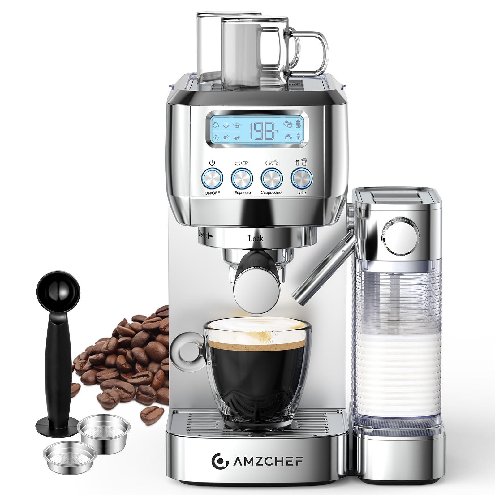 20-bar Amzchef Espresso Machine - LCD Display Automatic Milk Frother Double Wall