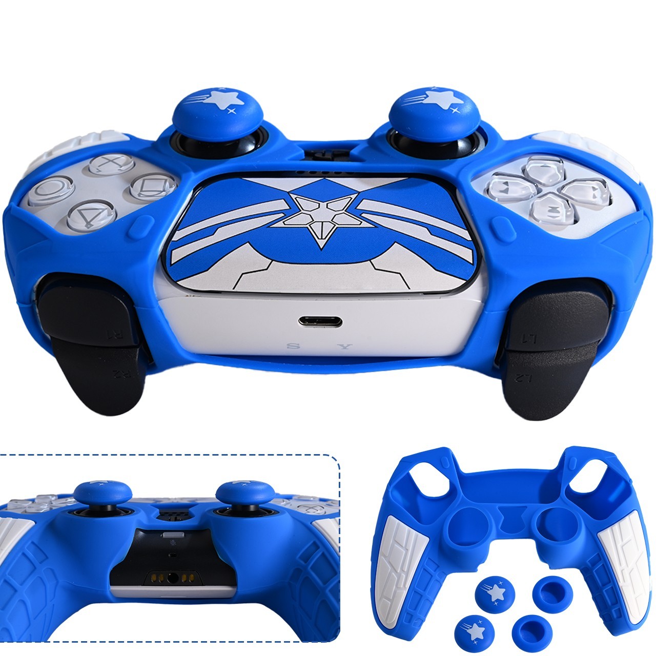 PS5 Controller Silicon Cover (Blue & White) with 4 Grip Caps, 2 Stickers