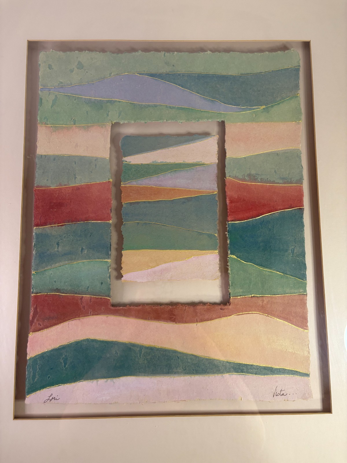 Lori “Vista” Torn Handmade Paper Collage Framed Abstract Landscape