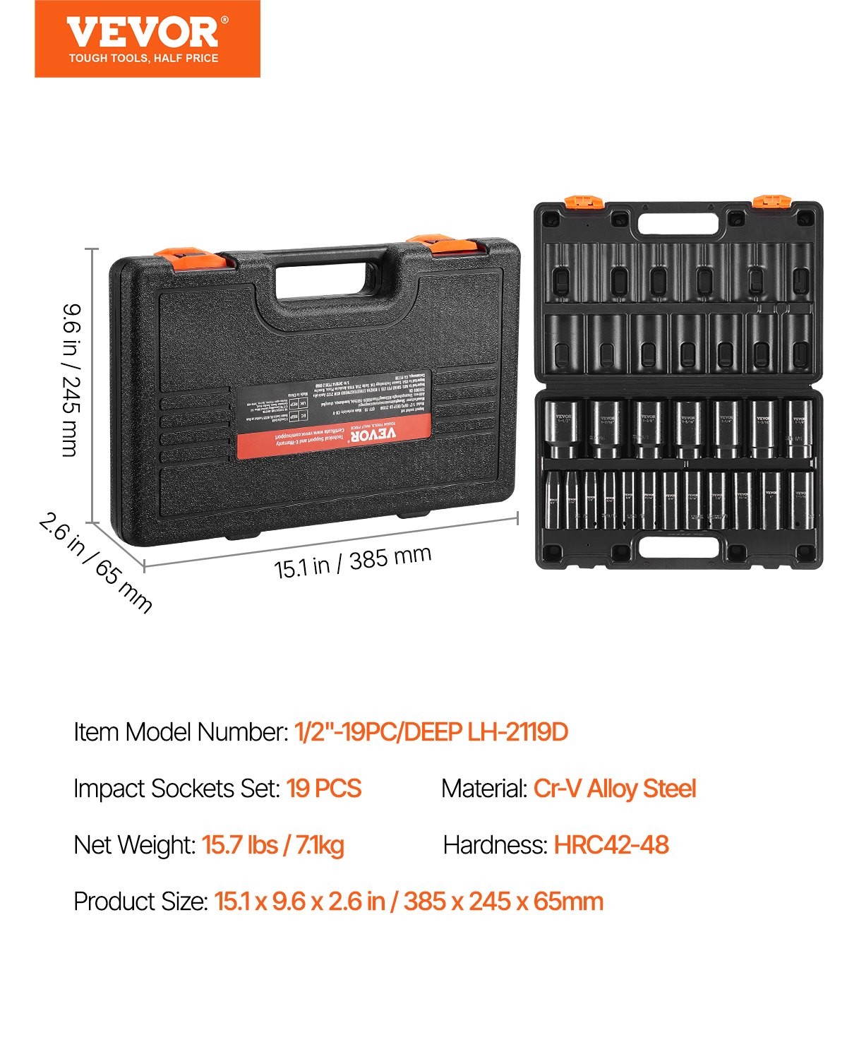 VEVOR Impact Socket Set,1/2" 19 Piece Impact Sockets,Deep Socket,6-Point Sockets
