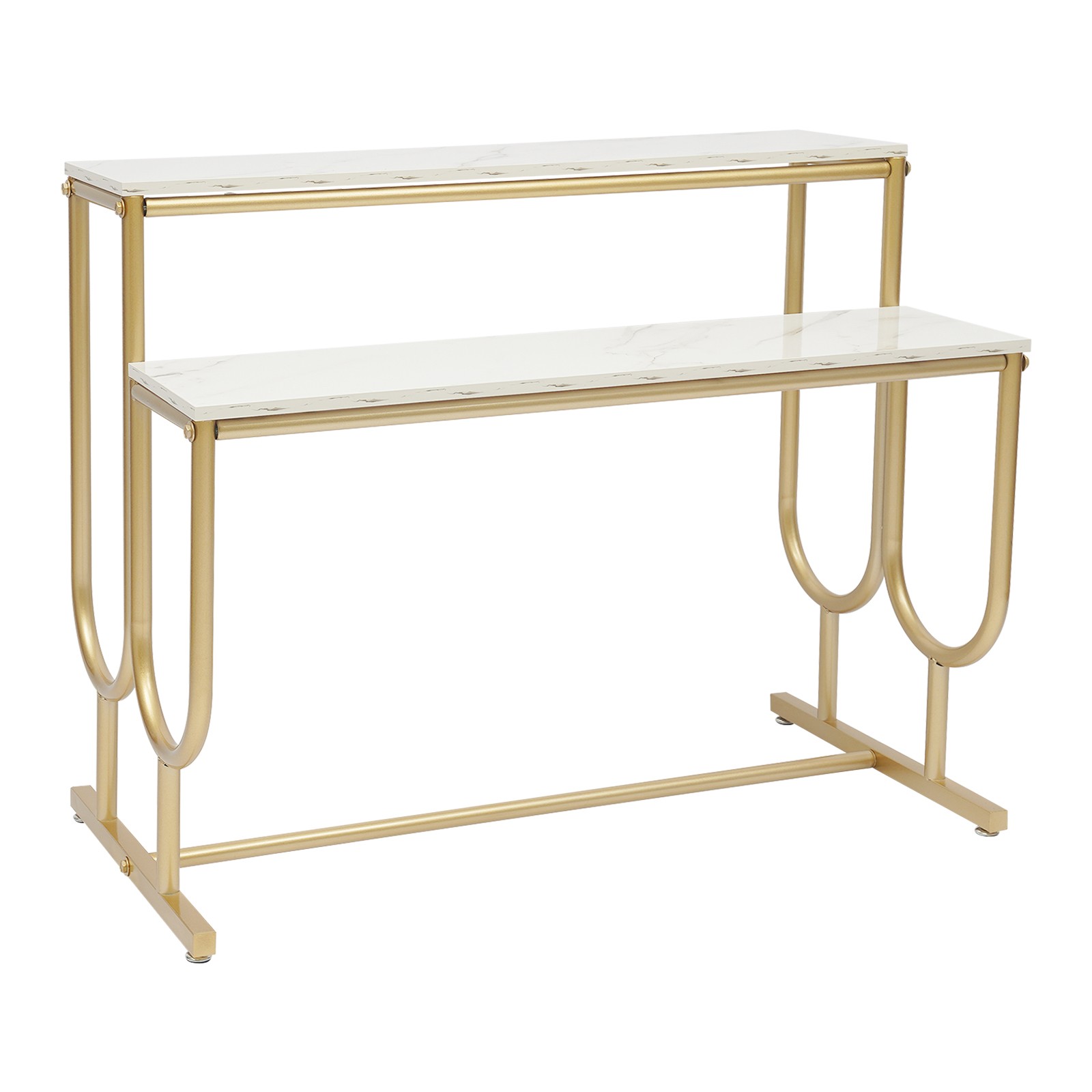 2-tier Display Stand Marble Pattern Shelf With Gold Frame For Retail/entryway