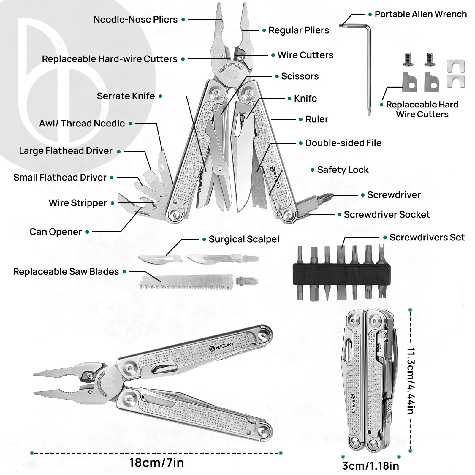 BIBURY Multitool Pliers Pro BI2049, 3Cr13 Multi Tool with Large Saw Silvery