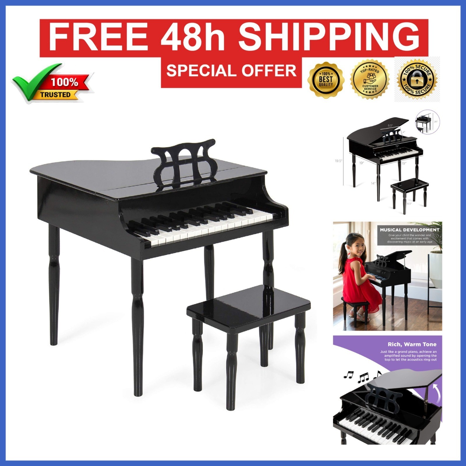 Kids Classic Wooden 30-Key Mini Grand Piano Musical Toy - Black