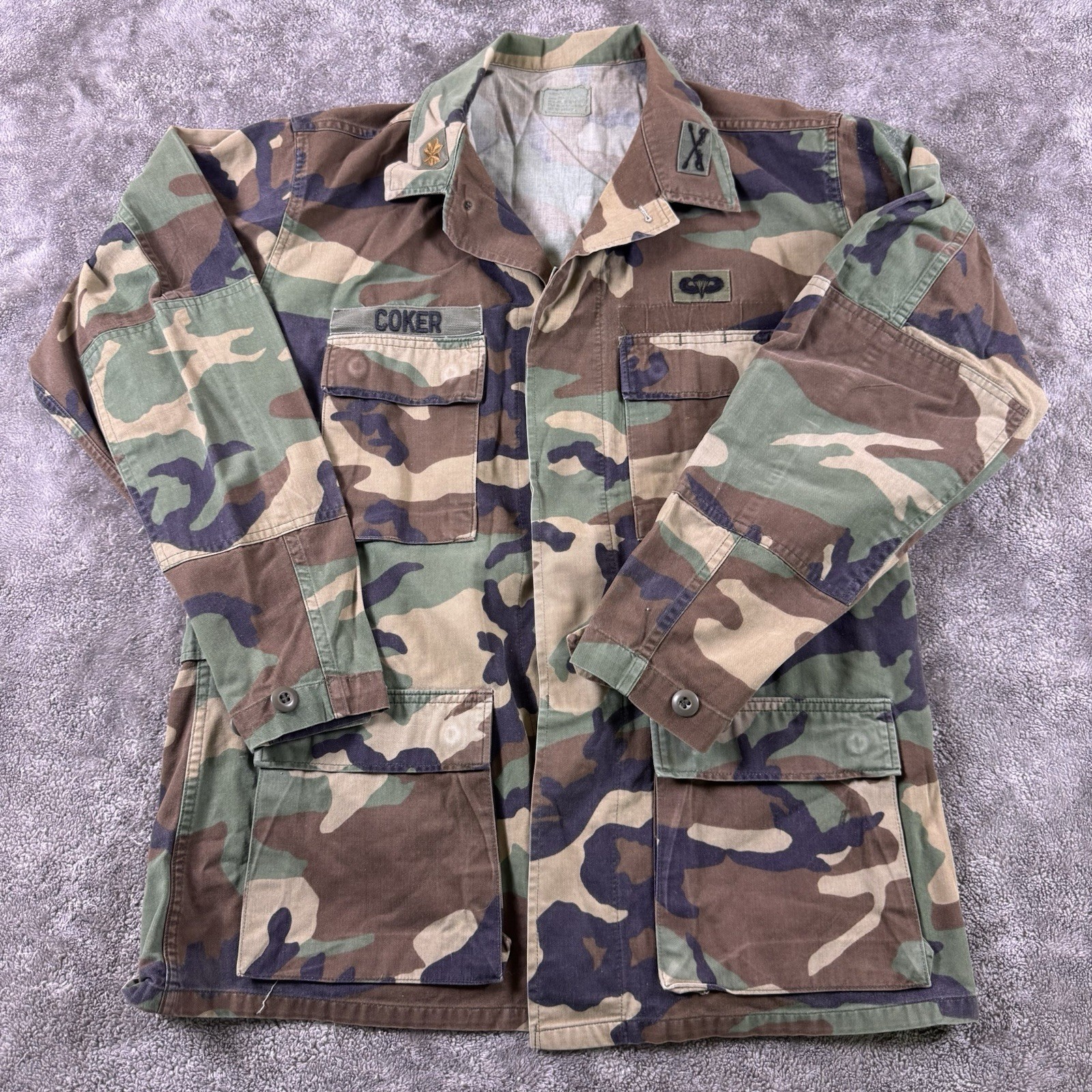 Vintage US Army Woodland BDU Jacket Airborne Infantry Officer COKER Large