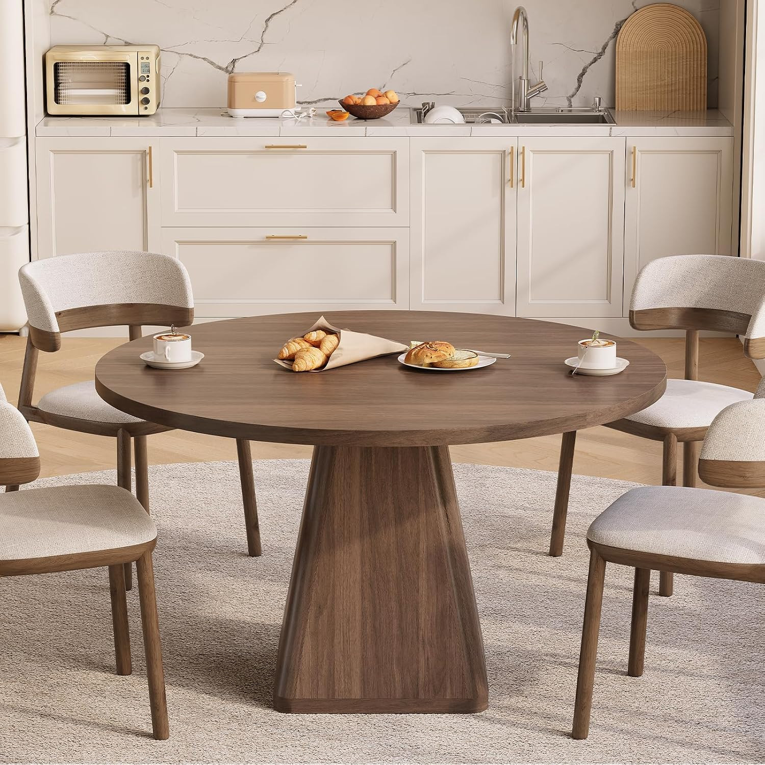 47 Inch round Dining Table for 4-6, Pedestal Kitchen Dinner Table Walnut | Circl