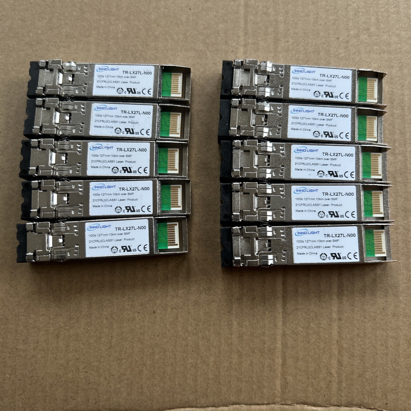 LOT OF 10 INNOLIGHT TR-LX27L-N00 10GB 1271NM 10KM SMF TRANSCEIVERS pictured