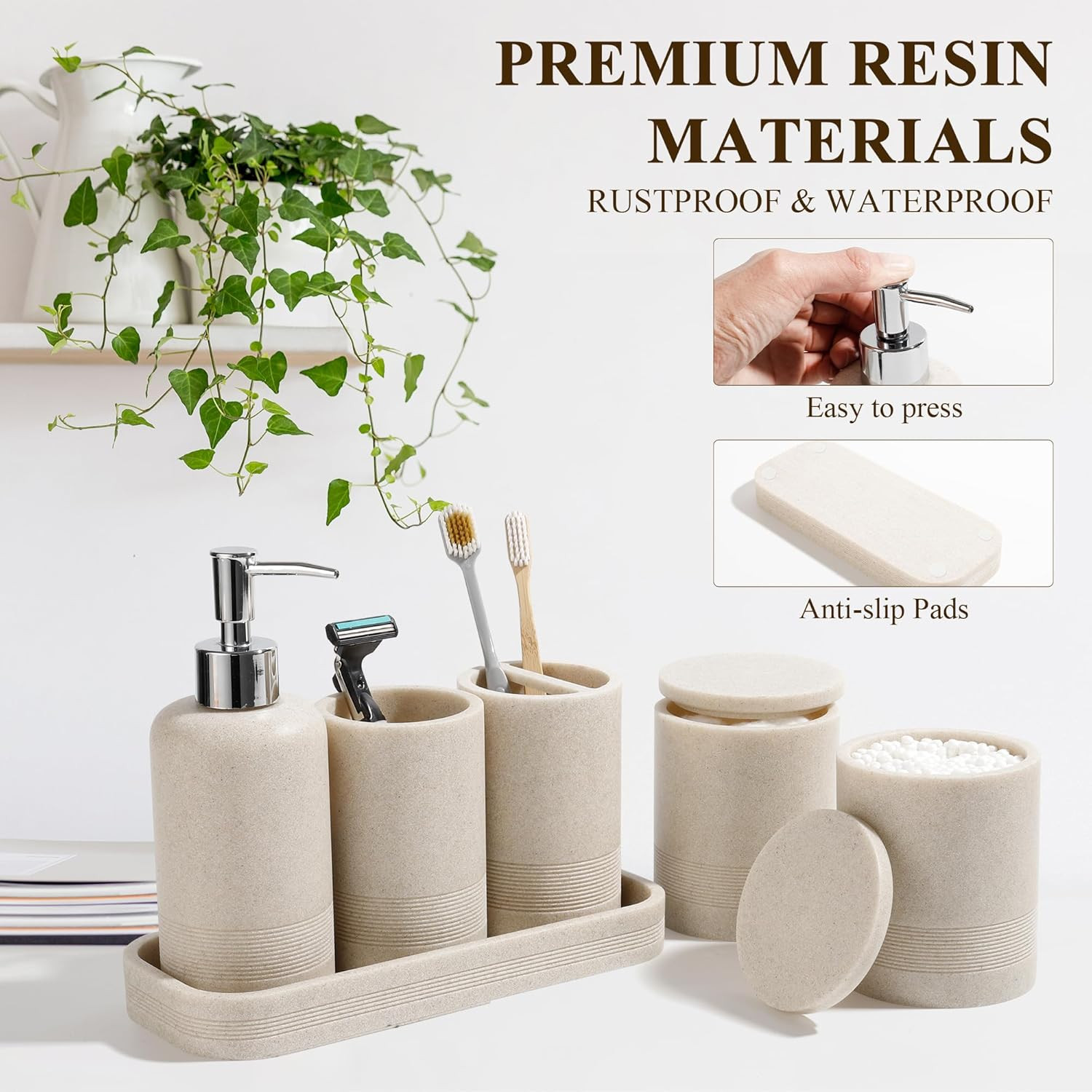 6-Piece Modern Bathroom Accessories Set in Beige - Organizer & Dispenser