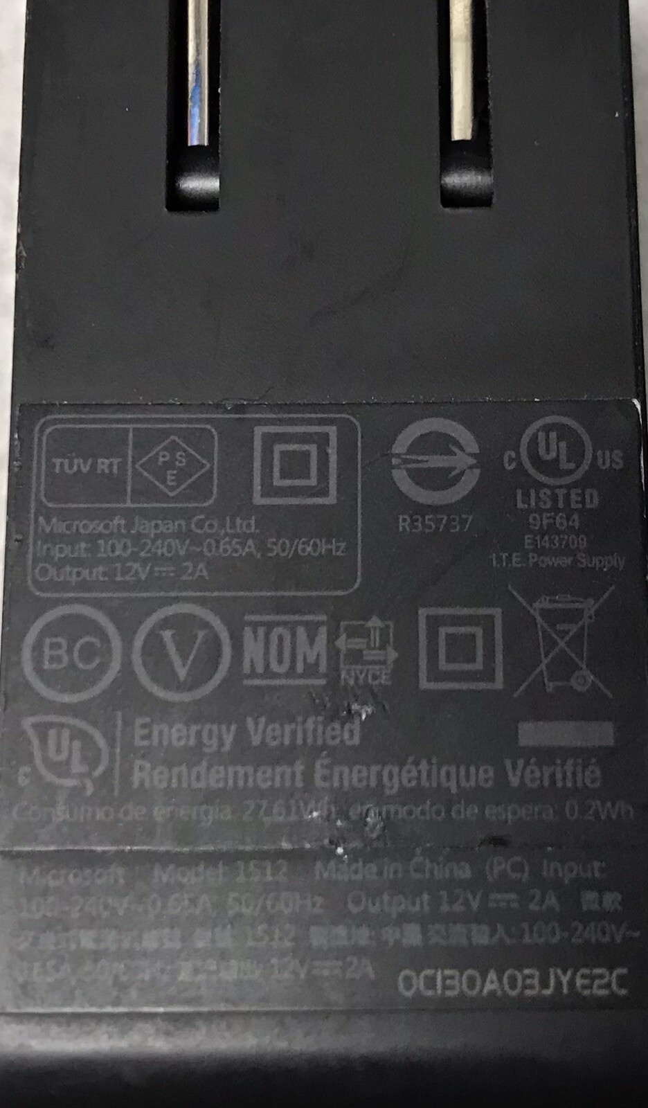 TUV RT 1512 2A 12V ADAPTER CHARGER OE MICROSOFT SURFACE 2 WINDOWS