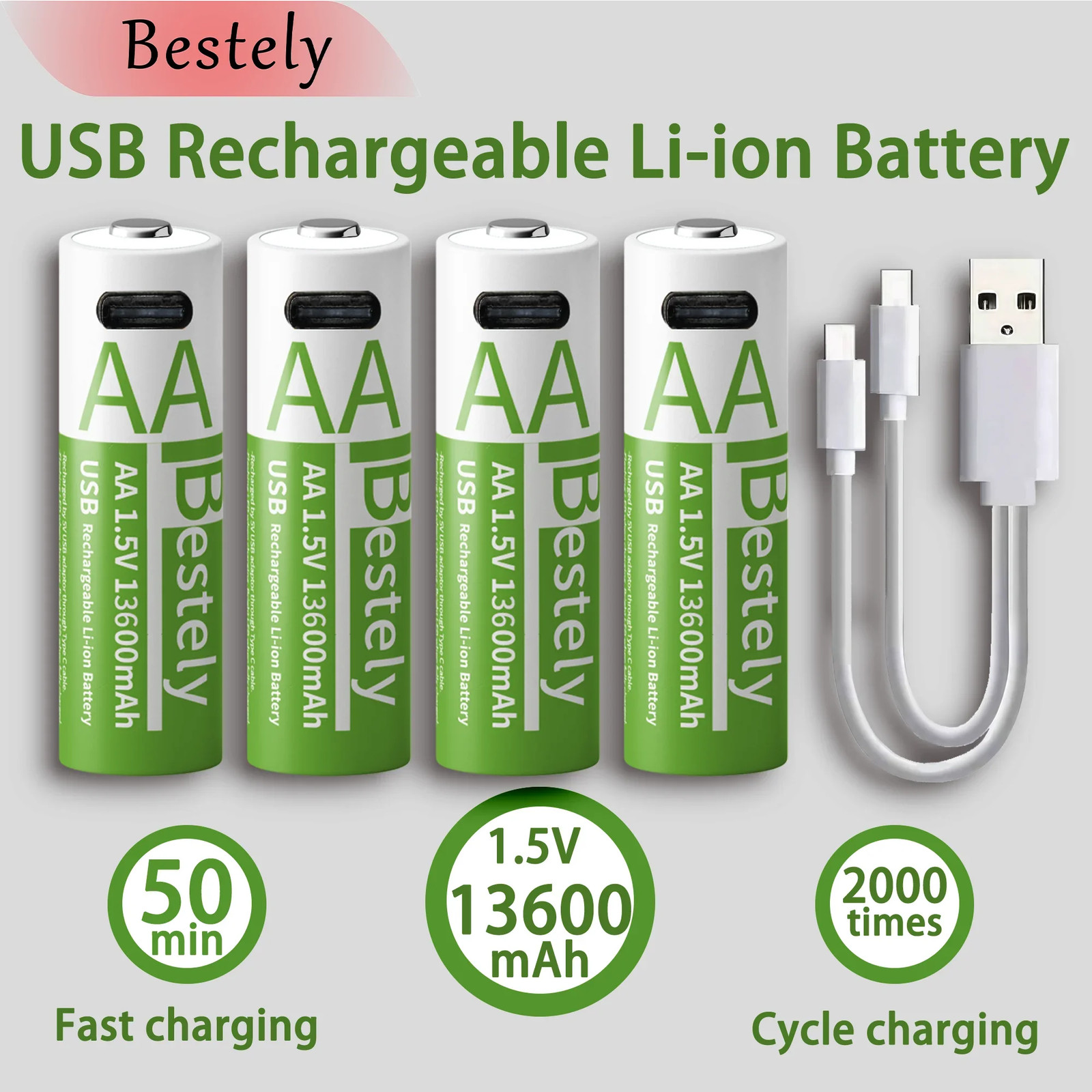 Latest Rechargeable 1.5V AA 13600mAh USB Lithium Battery , Fast Charging Li-ion