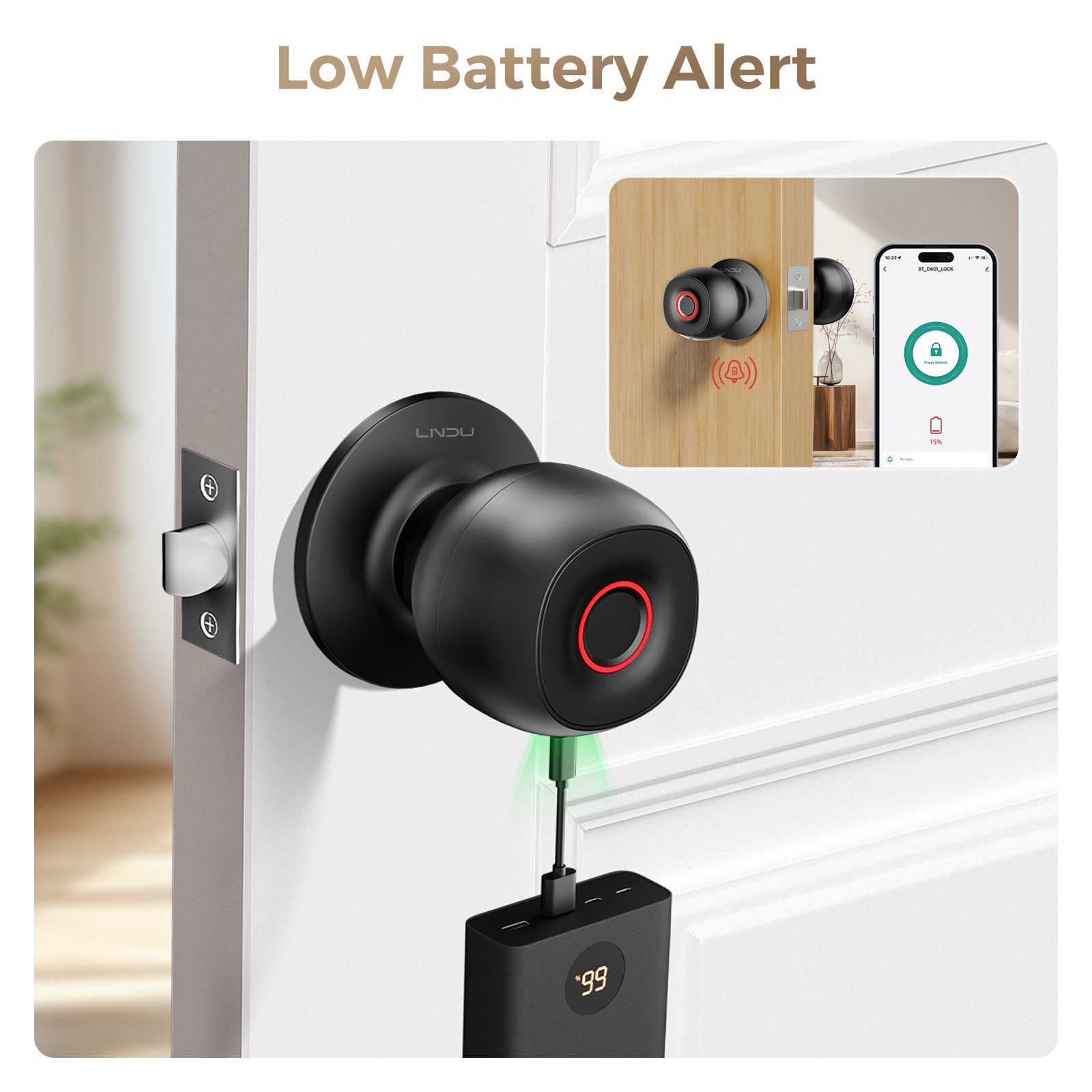 LNDU Fingerprint Smart Door Handle Lock Keyless Bluetooth App Silent Mode App