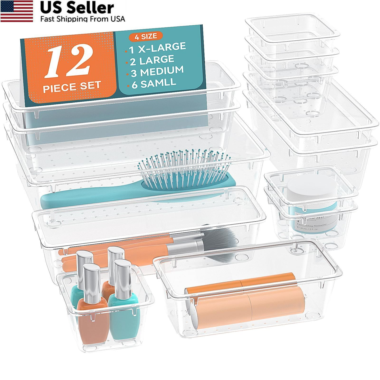 ElegantArray 12 PCS Drawer Organizer Set, 4 Sizes Tool Storage 12 Pcs, Milky