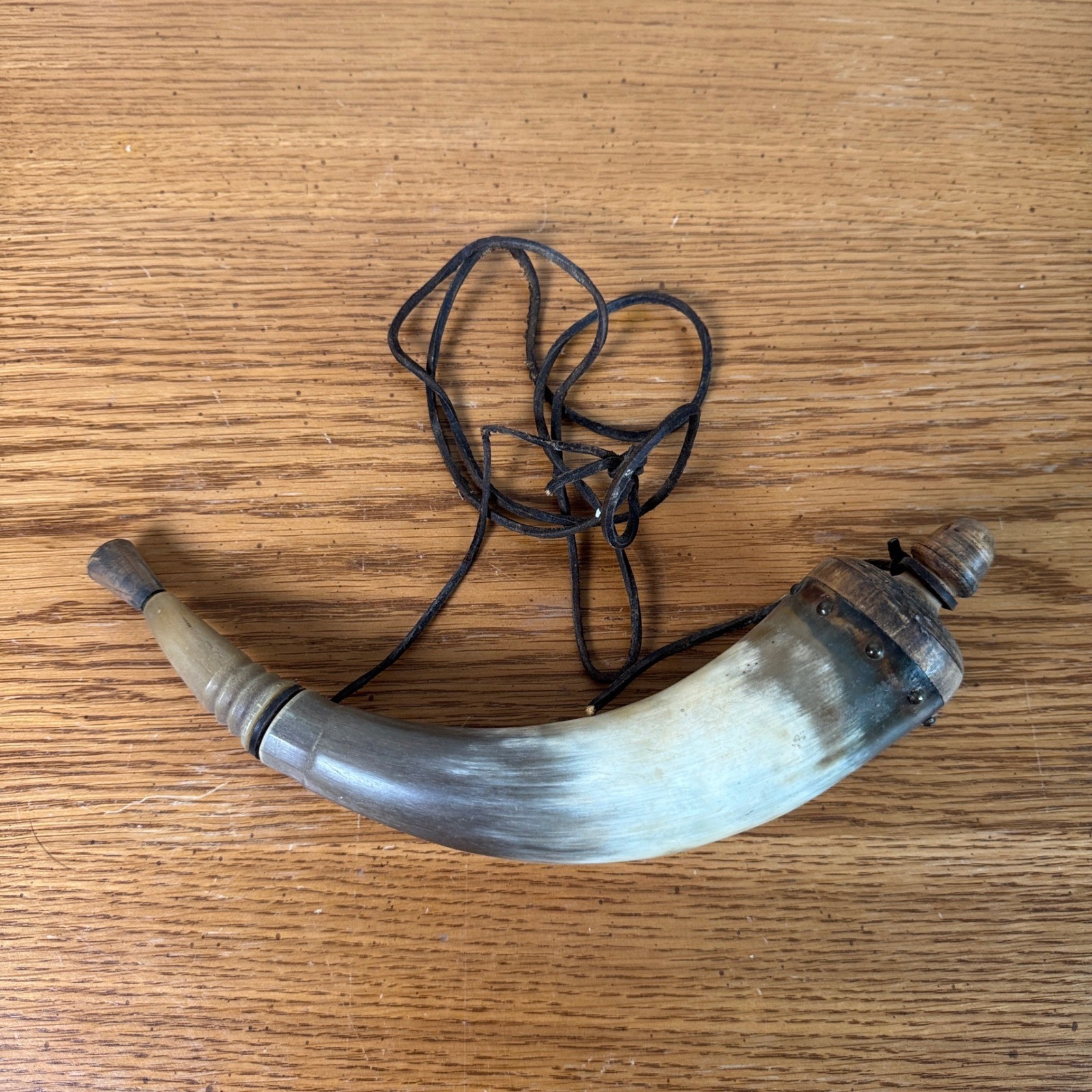 Vintage Handcrafted Powder Horn with Wood End Cap and Leather Strap